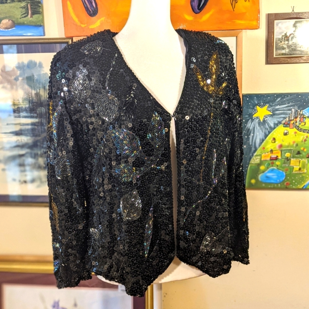 Vintage SKC Black Multicolor Sequin BlazerJacket Sz XL